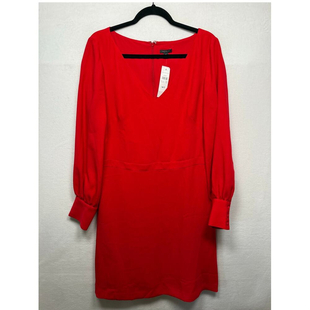 Ann Taylor Red Lantern Sleeve V-Neck Dress, Size 14T - New!
